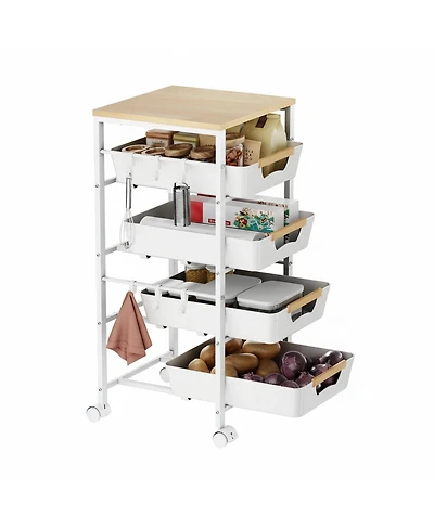 Yigii 5-Tier Slim Rolling Storage Cart Wooden Top Pull-Out Baskets Narrow Space Organizer for Kitchen Bathroom Laundry