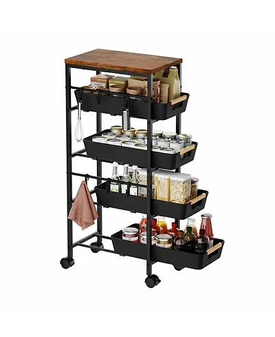 Yigii 5-Tier Slim Rolling Storage Cart Wooden Top Pull-Out Baskets Narrow Space Organizer for Kitchen Bathroom Laundry