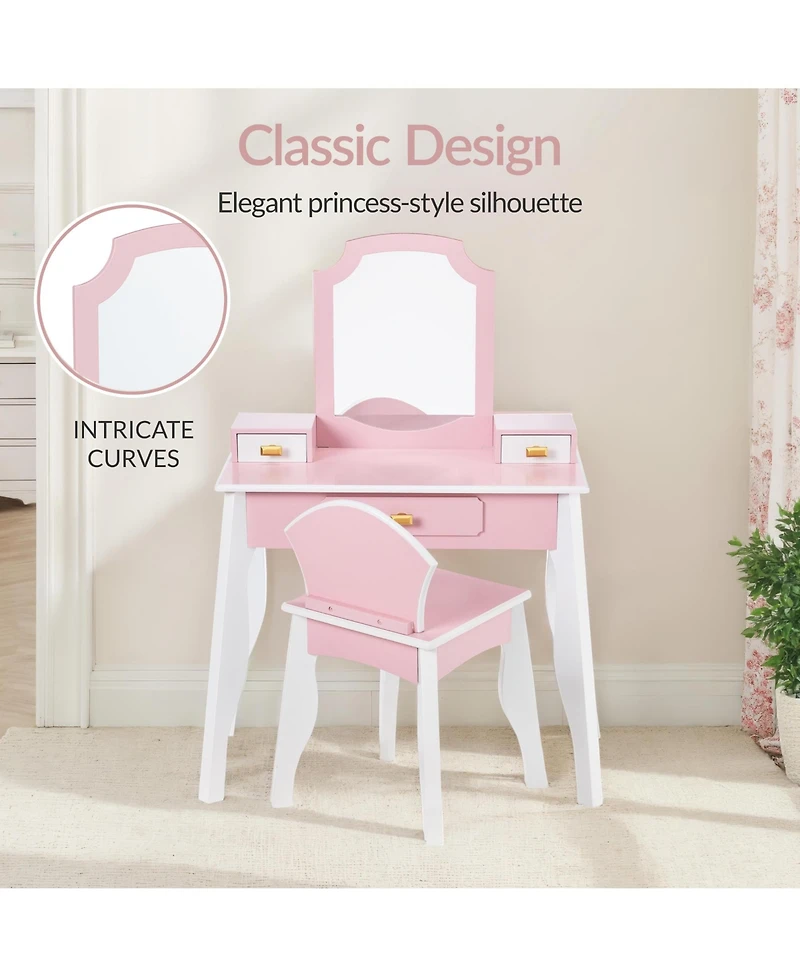 Best Choice Kids Wooden Pretend Play Vanity and Chair Set w/ Mirror - Little Girls Makeup Table with 3 Drawers