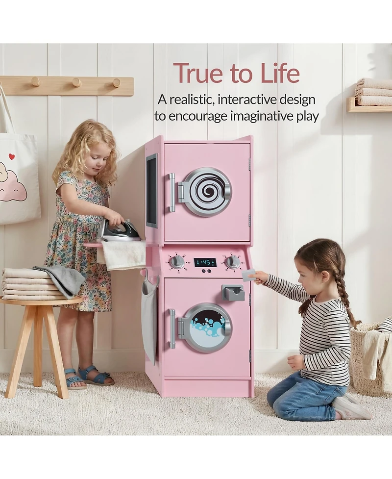 Best Choice Products Pretend Play Kids Wooden Stacked Washer and Dryer Set w/ Toy Laundry Storage Accessories