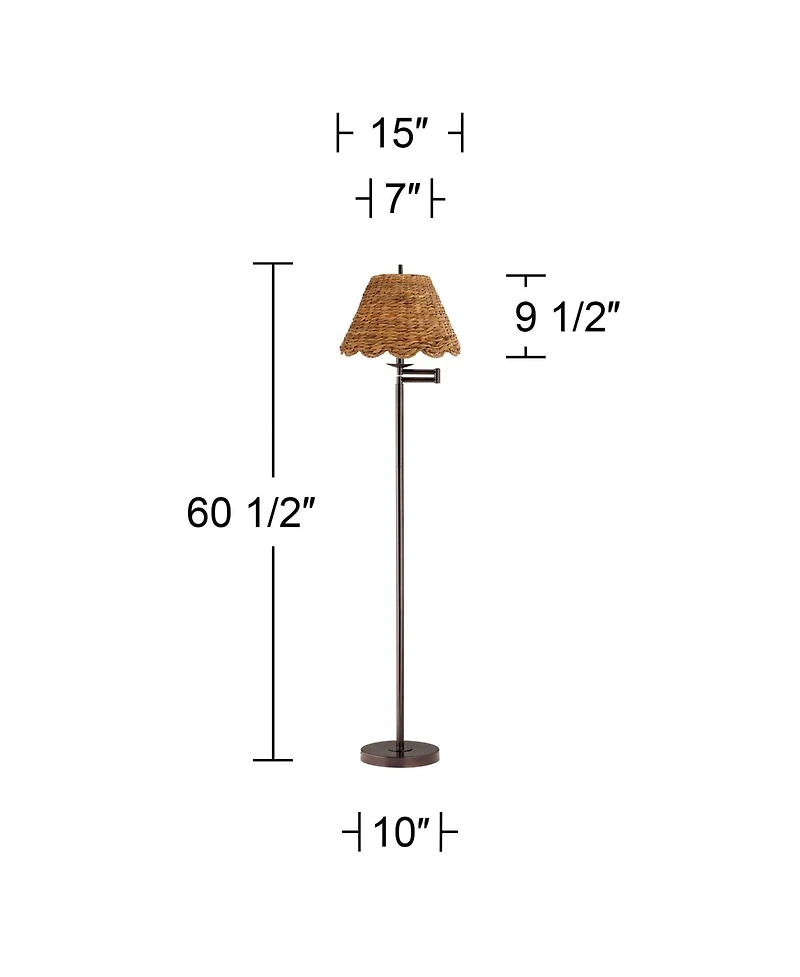 360 Lighting Modern 60" Tall Standing Floor Lamp Skinny Adjustable Swing Arm Metal Bronze Finish Water Grass Natural Rattan Shade