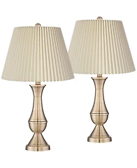 Regency Hill Becky Traditional Table Lamps 24 3/4" High Set of 2 Antique Brass Metal Linen Pleat Shade for Bedroom Living Room Bedside Office