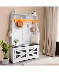 Gouun 42 Inch Hall Tree with Bench Shoe Storage Hooks and Led Light