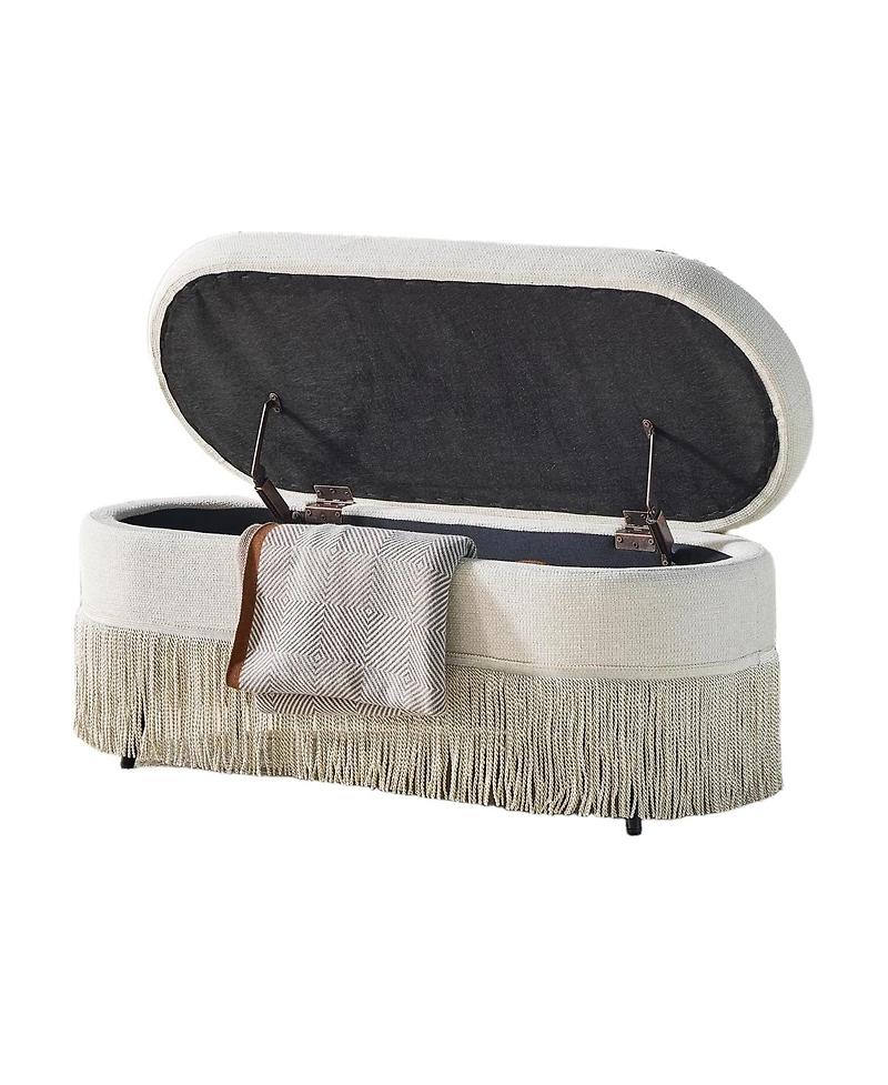 Rainsken Oval Storage Ottoman, Upholstered Footrest with Fringe Trim, Hidden Storage and Metal Frame for Living Room