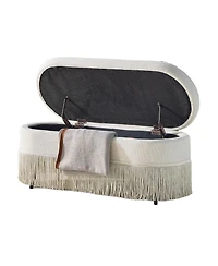 Rainsken Oval Storage Ottoman, Upholstered Footrest with Fringe Trim, Hidden Storage and Metal Frame for Living Room