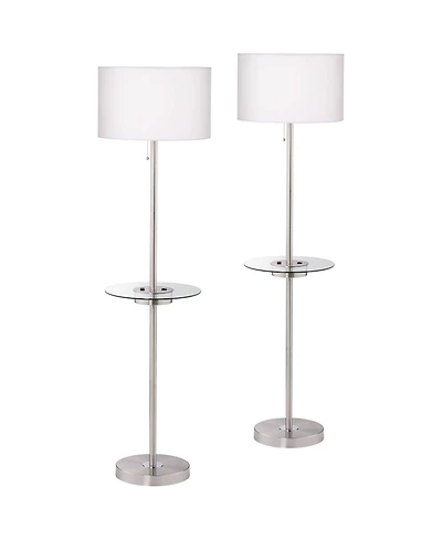 360 Lighting Caper Modern Floor Lamps with Tray Table 60 1/2" Tall Set of 2 Usb and Outlet Fabric Drum Shade for Living Room
