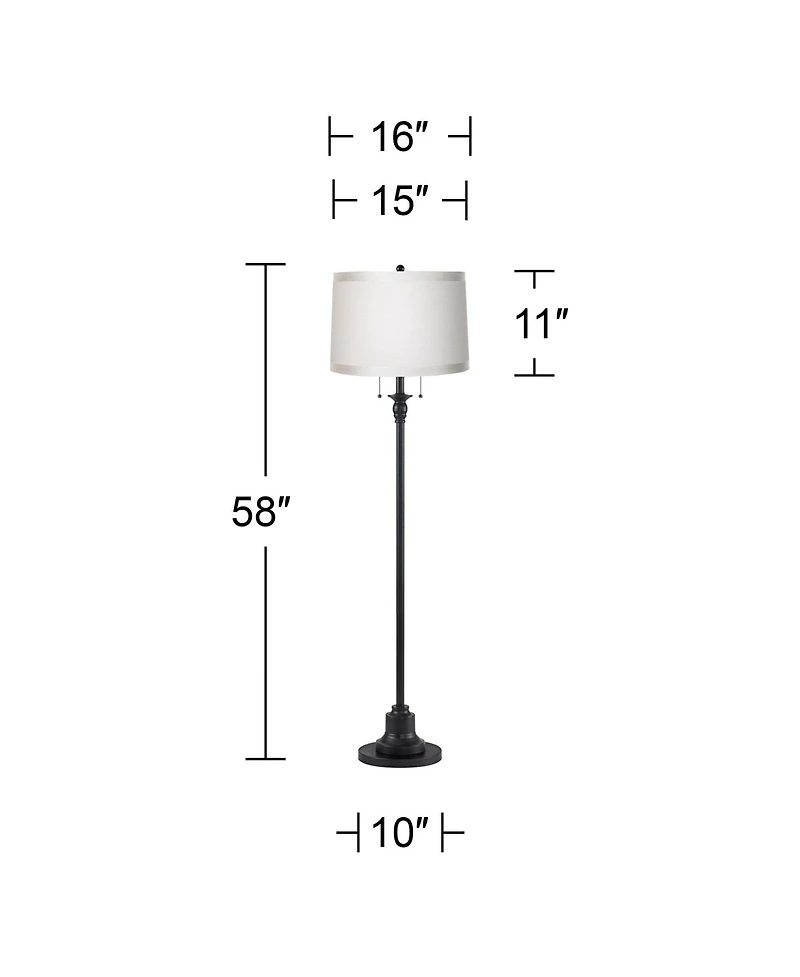 360 Lighting Dyna Traditional 58" Tall 2-Light Standing Floor Lamp Skinny Pole Pull Chain Finish Drum Grosgrain Shade