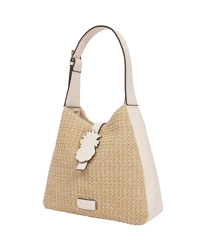 Tommy Bahama Logo Tab Raffia Hobo Bag – Woven Straw Shoulder Bag with Pineapple Accent