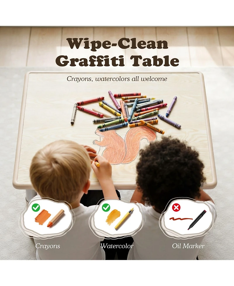 Kinder King Kids Height-Adjustable Table and 2 Chairs Set with 31.5''W Easy-Clean Top