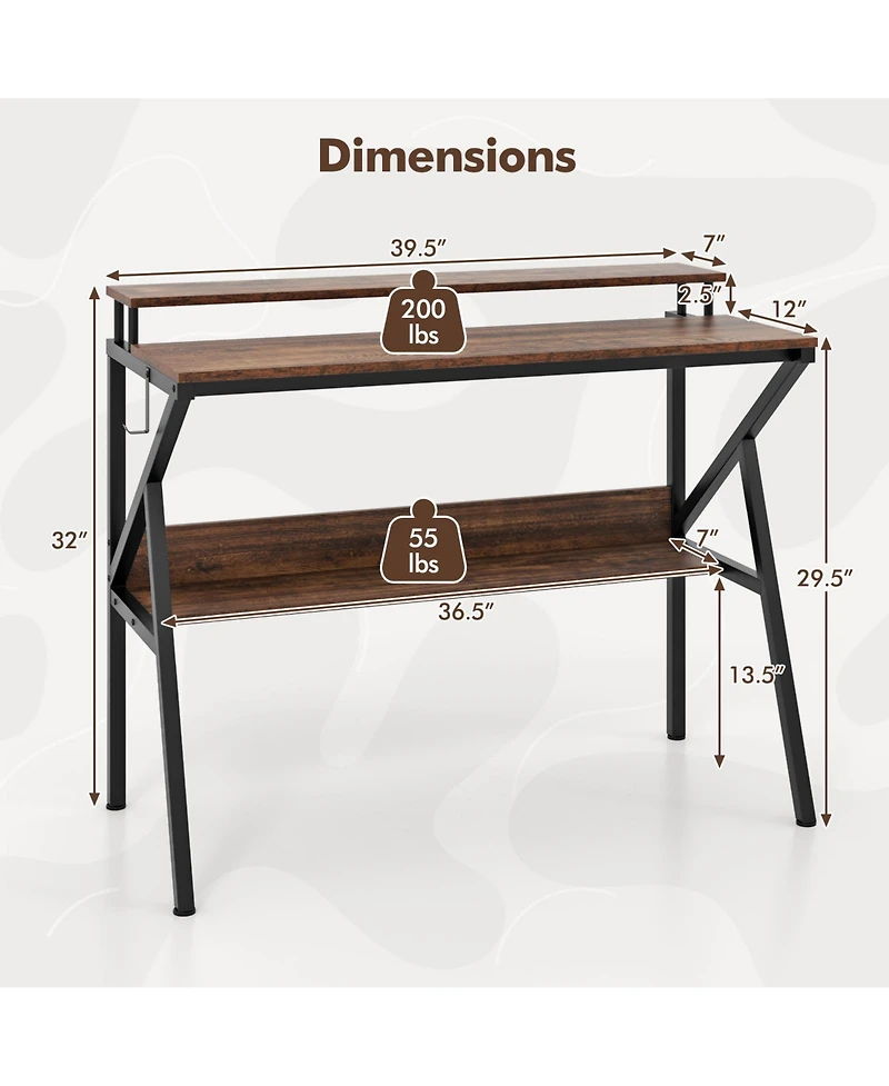 Sugift Space Saving Computer Desk with Monitor Stand and Extra Storage Shelf for Work Study-Rustic Brown