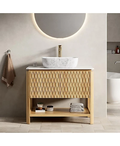 Sillysis Modern Bathroom Vanity with Fluted Solid Wood Doors, Carrara Sintered Stone Top