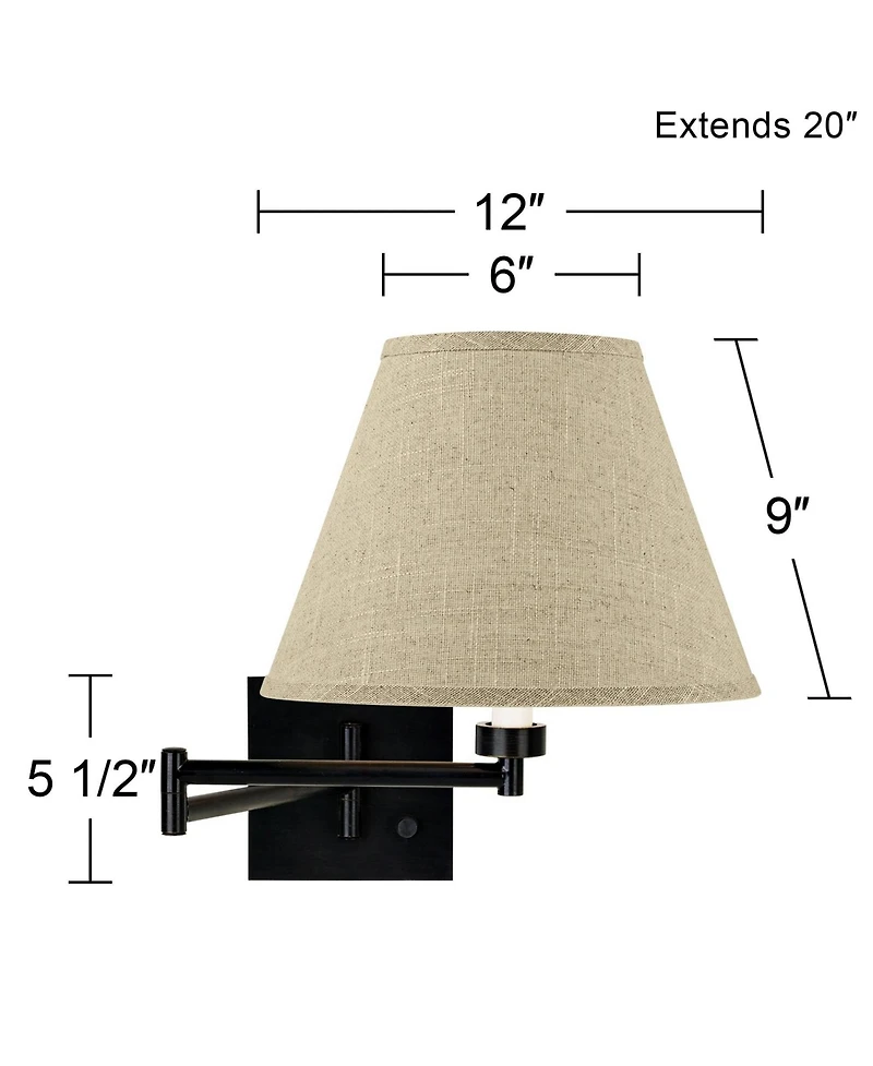 Franklin Iron Works Modern Swing Arm Wall Lamp Espresso Plug-In Light Fixture Fine Burlap Empire Shade for Bedroom Bedside Reading
