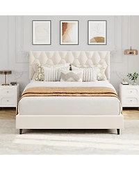 gaomon Queen Upholstered Platform Bed, Modern Tailored Headboard with Wood Slats, No Box Spring Needed