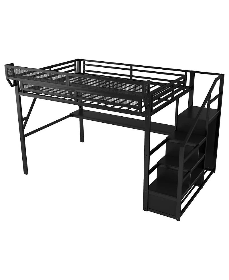 Streamdale Furniture Queen Metal Loft Bed with Desk, Stairs and Charging Station