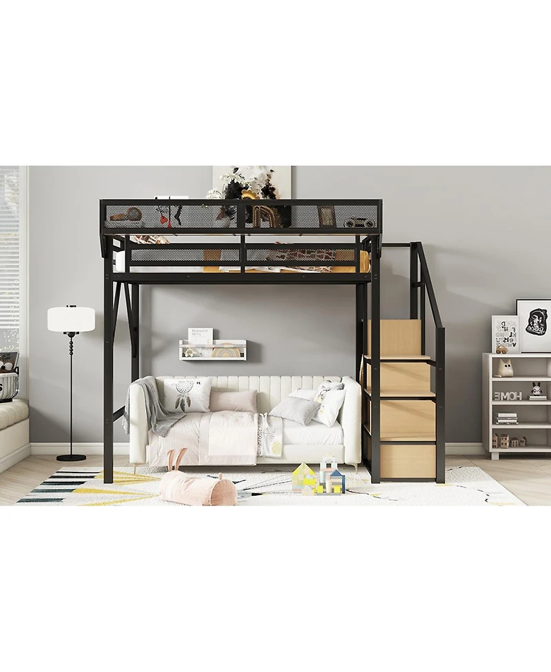 Streamdale Furniture Full Size Loft Bed with Stairs, Metal, Wardrobe