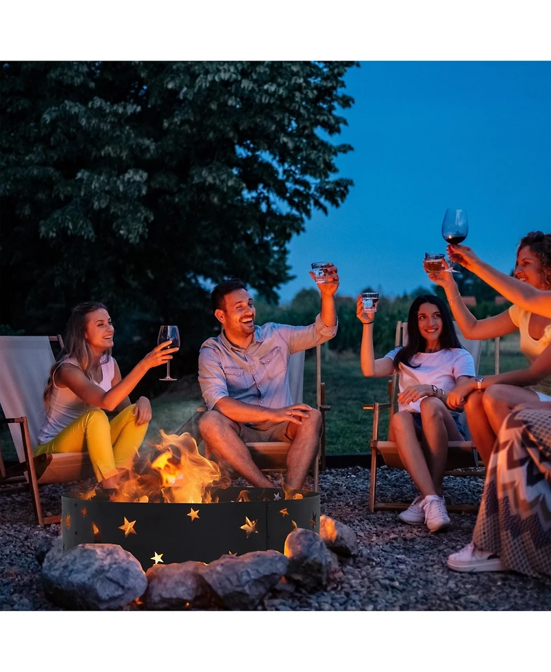 Outdoor Heavy-Duty Steel Portable Fire Pit Ring with Die-Cut Stars and Moons - 36" - Black