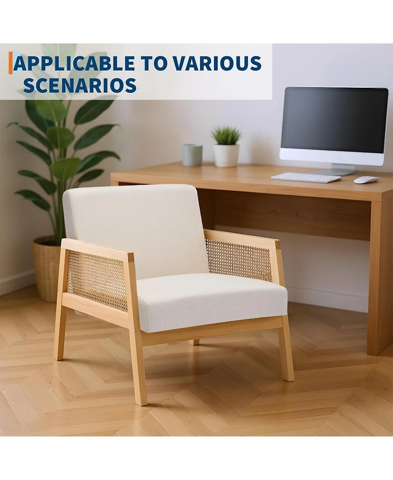 gaomon Wood Accent Armchair with Rattan Backrest and Linen Cushion