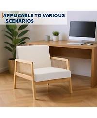 gaomon Wood Accent Armchair with Rattan Backrest and Linen Cushion