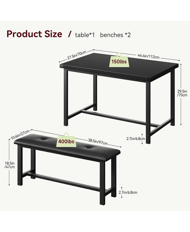 gaomon 3Pcs Dining Table Set, Kitchen and Benches for 4, Rectangular Room Set with 2 Upholstered Benches,