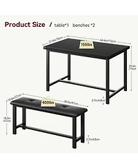 gaomon 3Pcs Dining Table Set, Kitchen and Benches for 4, Rectangular Room Set with 2 Upholstered Benches,