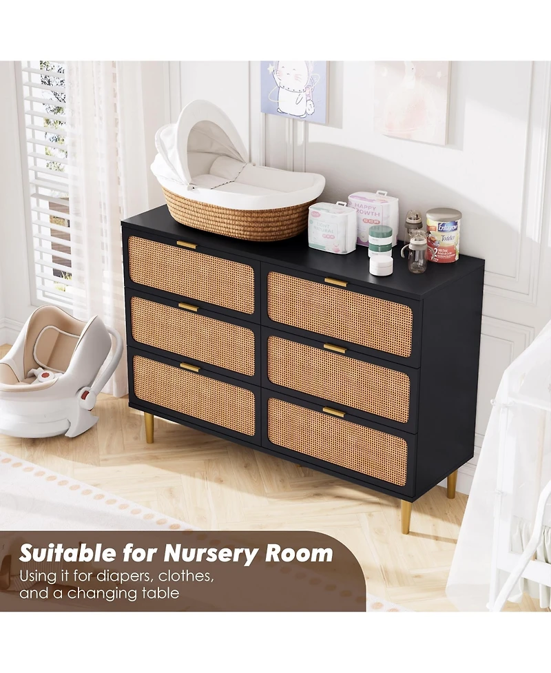 gaomon Rattan 6 Drawer Dressers for Bedroom, Large Double Dresser with Deep Drawers