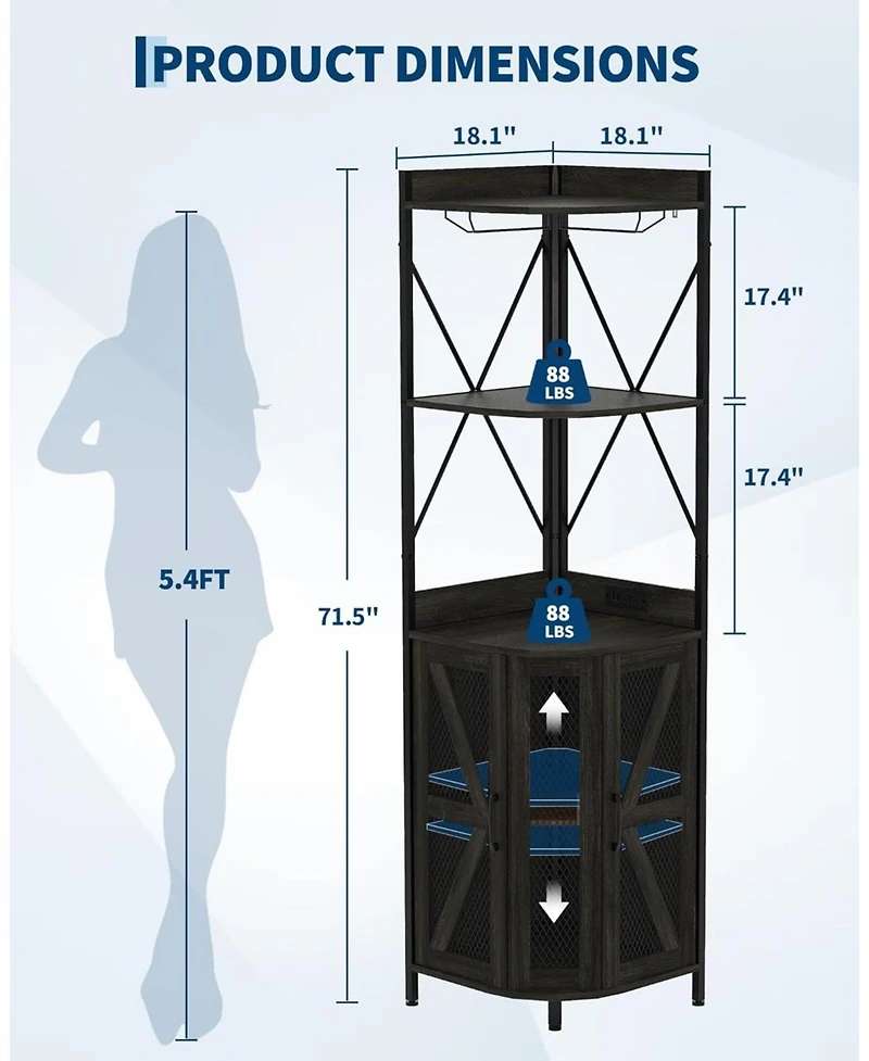gaomon Corner Wine Cabinet with Power Outlet, Led Strip and Glass Holder, Industrial 5 Tier Liquor Bar