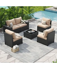 Aoxun 6-Piece Wicker Outdoor Sectional Sofa Set with Cushions and Glass-Top Coffee Table