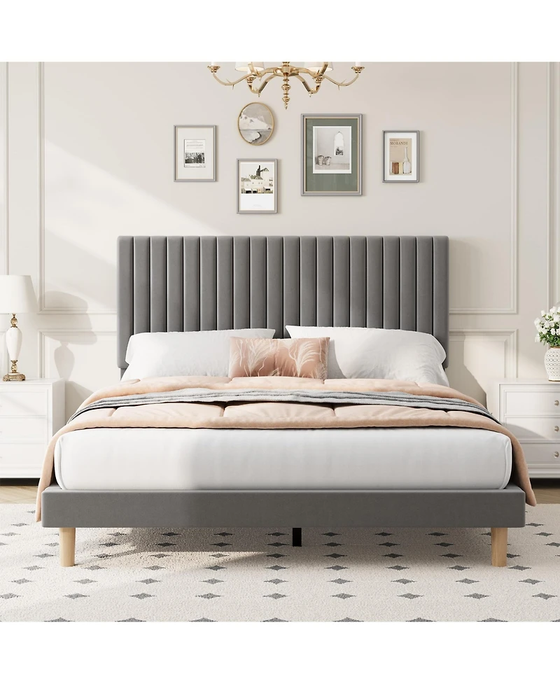 Homfan Velvet Bed Frame, Vertical Channel Tufted Headboard, Height Adjustable