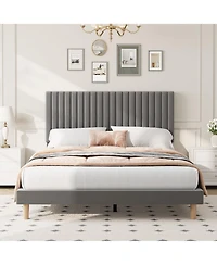 Homfan Velvet Bed Frame, Vertical Channel Tufted Headboard, Height Adjustable