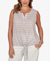 Hearts Of Palm Plus Striped Slub Sleeveless Henley Tie Front Top