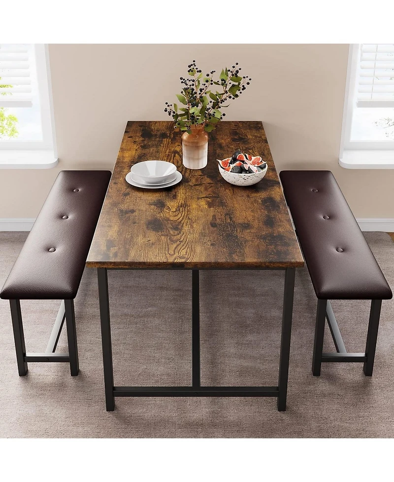 gaomon 3Pcs Dining Table Set, Kitchen and Benches for 4, Rectangular Room Set with 2 Upholstered Benches,