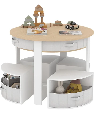 gaomon Kids Table and Chair Set, 5 Pieces Wooden Round Nesting Design Children Multi-Activity Table With 4 Storage Stools and 4 Fabric Drawers