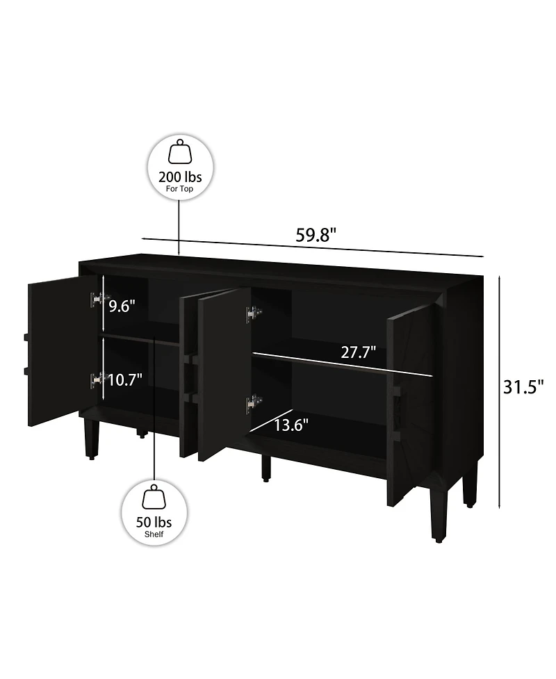 Rainsken Wood Storage Cabinet, Farmhouse Buffet Sideboard with Symmetrical Sunburst Door Design and Adjustable Shelves for Living Room