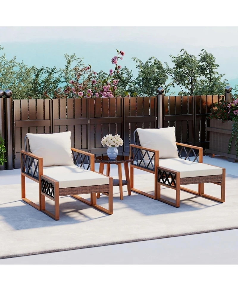 Gouun 5-Piece Pe Rattan Conversation Set with Acacia Wood Table and Ottomans