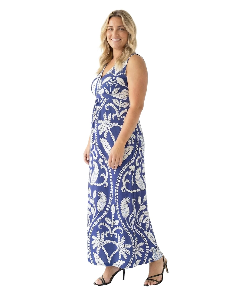 24seven Comfort Apparel Plus Essential Curvy Paisley Print Maxi Dress