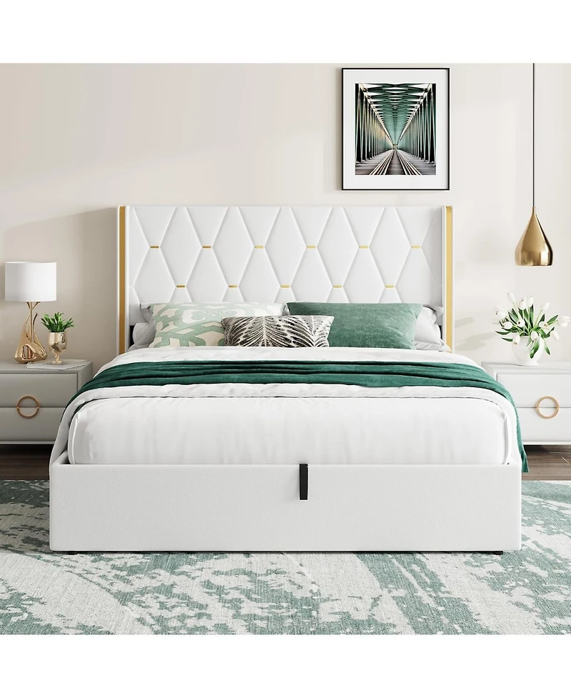 gaomon Full Lift-Up Storage Bed Frame with Tufted Headboard and Gold Trim, Upholstered Platform
