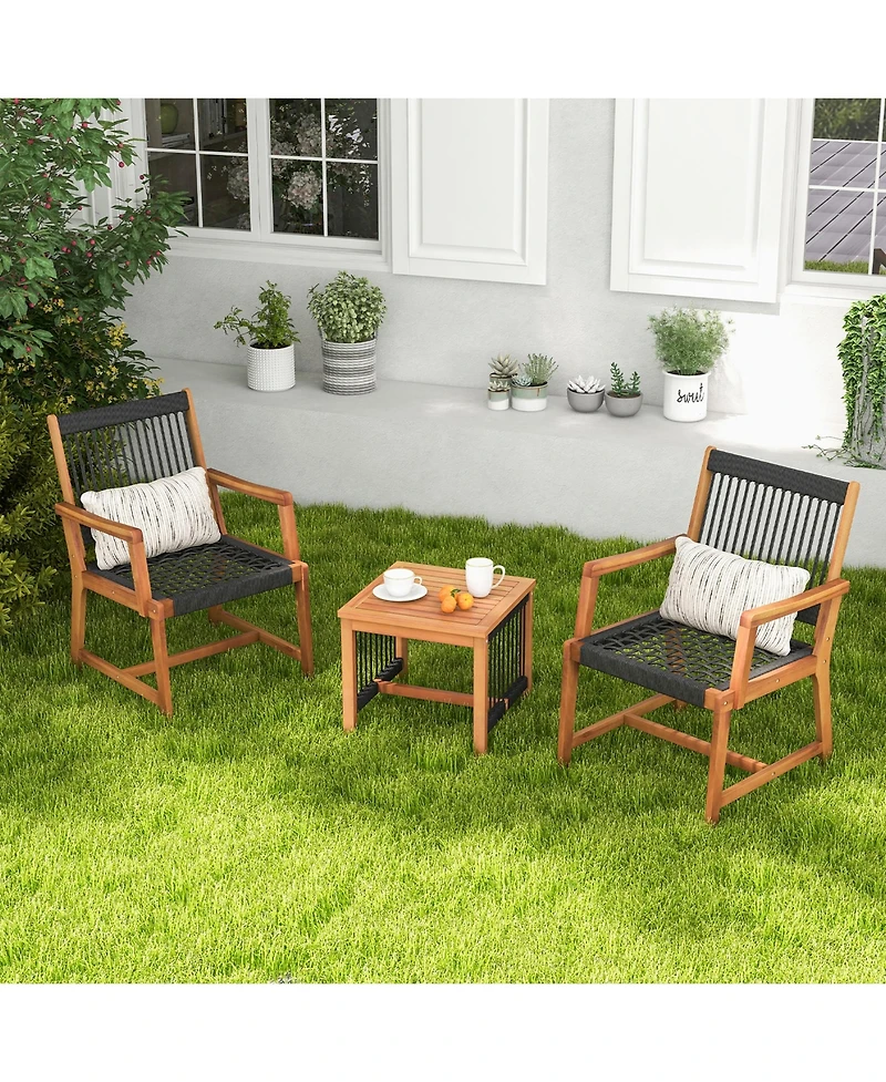 Gymax 3 Pieces Solid Acacia Wood Patio Set All-Weather Rope Woven Chair Garden Poolside