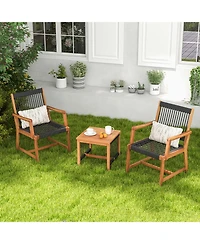 Gymax 3 Pieces Solid Acacia Wood Patio Set All-Weather Rope Woven Chair Garden Poolside