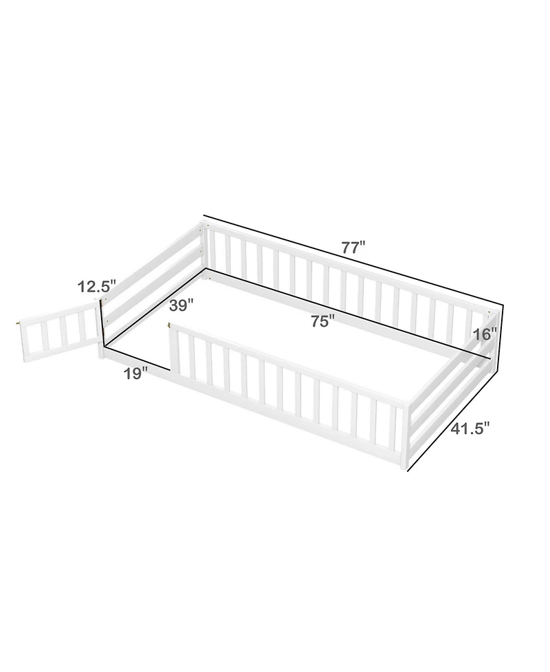 Gouun Twin Size Kids Montessori Floor Bed with Lockable Door and Fence Guardrails