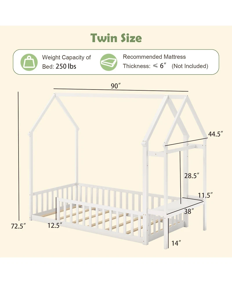 Gouun Twin Size Montessori House Floor Bed with Clothes Hanger and Storage Shelf