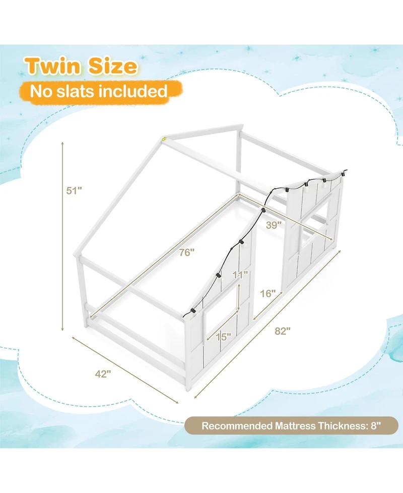 Gouun Twin Size House Bed with Led Lights, Montessori Slat-Free Floor Bed