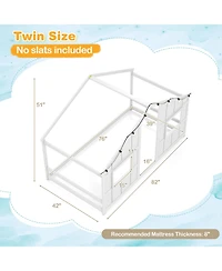 Gouun Twin Size House Bed with Led Lights, Montessori Slat-Free Floor Bed