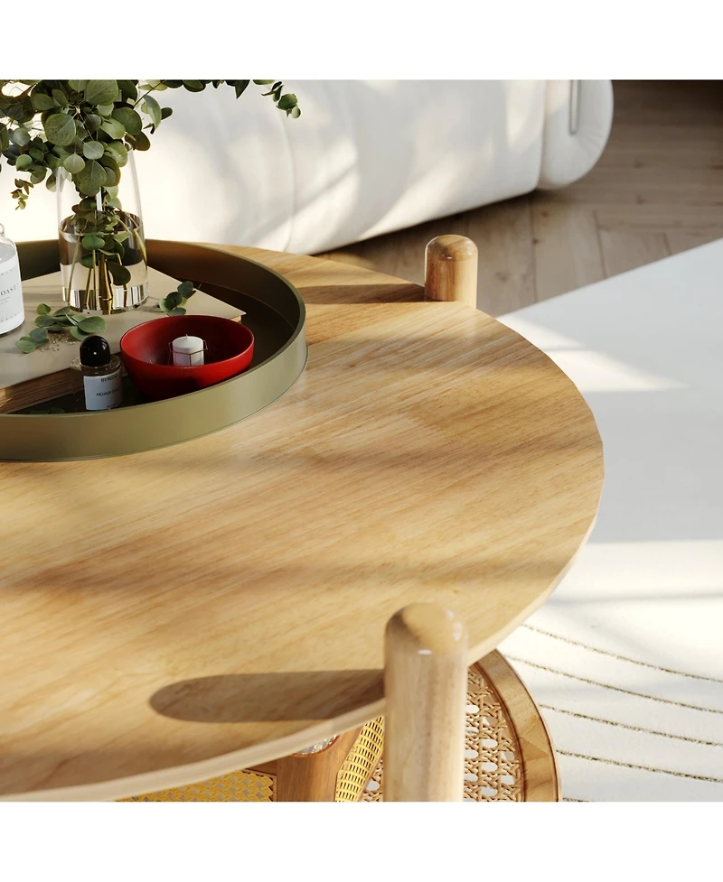 Rainsken 32" Round Rustic Wood Coffee Table Featuring Boho Woven Rattan Lower Shelf for Living Room Storage