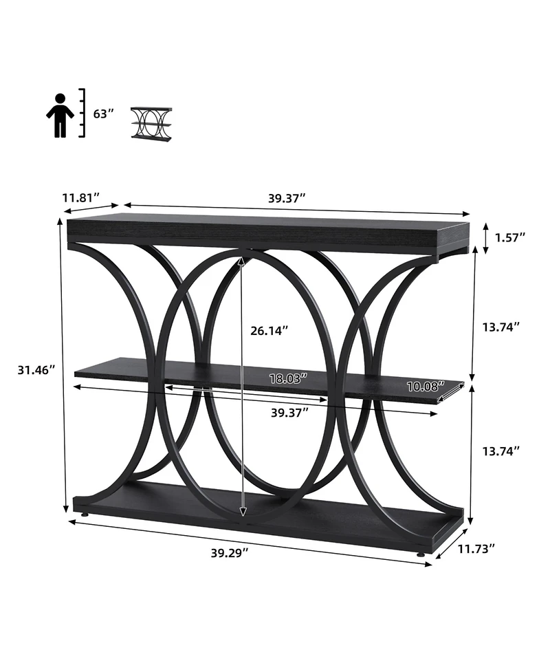 gaomon 39" Industrial 3-Tier Sofa Console Table with Oval-Shaped Metal Frame and Adjustable Feet, Entryway Table
