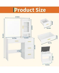 Homfan Modern Vanity Desk with Mirror and Led Lights - Built-in Outlets 4 Drawers Storage Stool Hair Dryer Holder Makeup Dressing Table