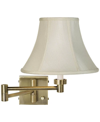 Barnes and Ivy Modern Swing Arm Wall Lamp Antique Brass Plug-In Light Fixture Creme Fabric Bell Shade Bedroom Bedside Living Room