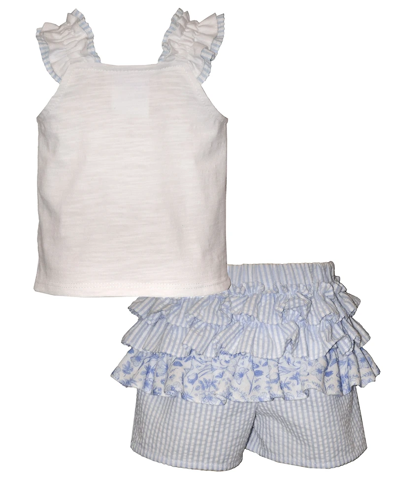 Bonnie Baby Girls' Toile Ruffle Sleeveless Top and Shorts, 2-Piece Set