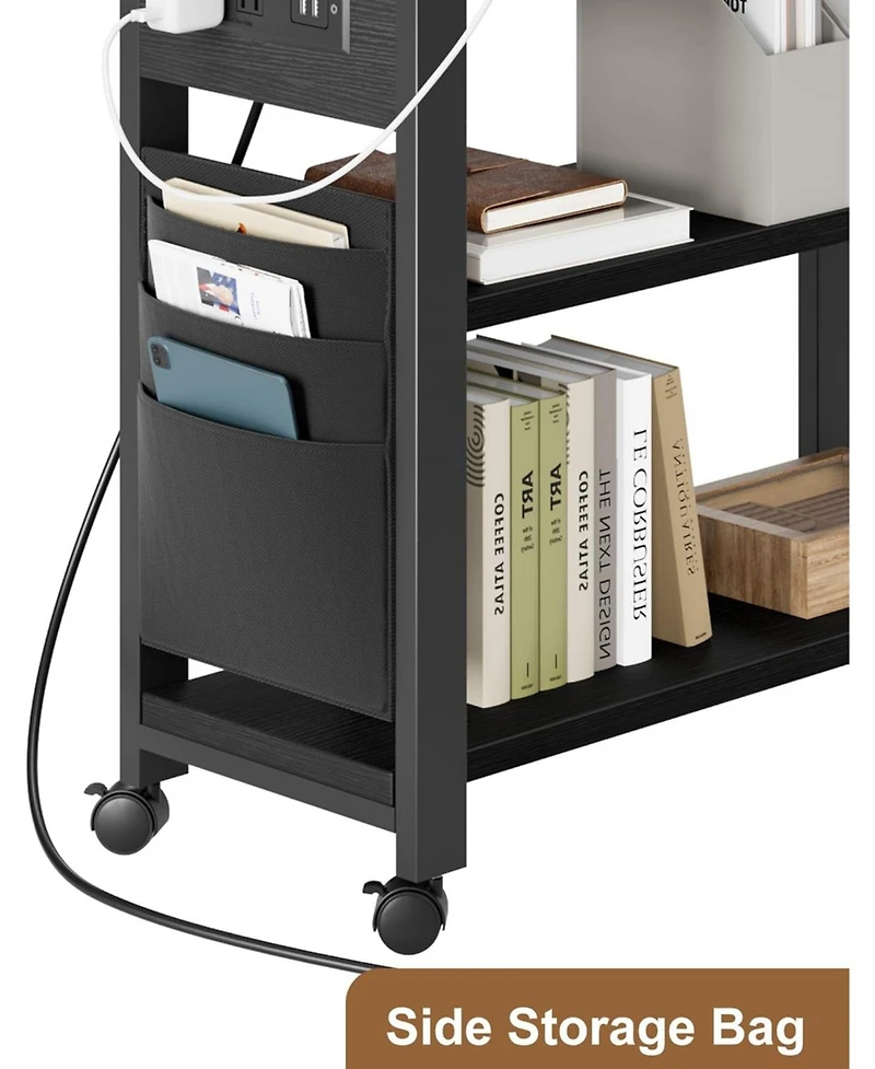 360 Rotating End Table with Charging Station, Swivel Side Table on Wheels with Brakes, Movable Sofa Table with Storage Bag for Living Room Bedroom