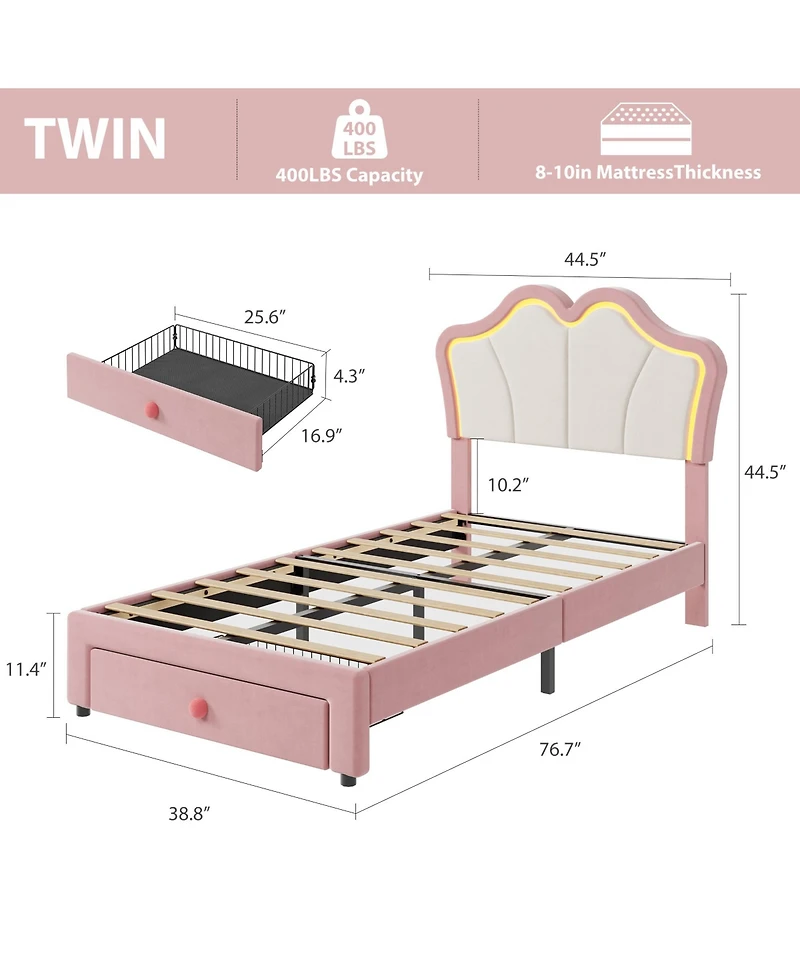 Homfan Bed Frame with Storage Drawer, Velvet Upholstered Platform Headboard and Led Light