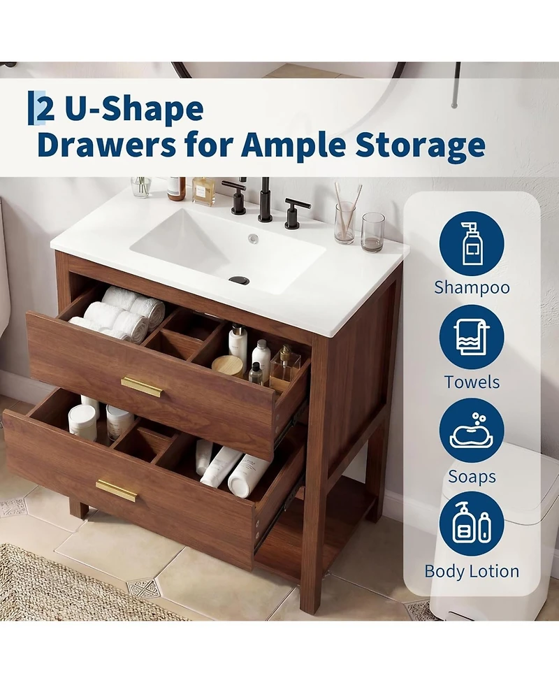 homfan 30" Modern Bathroom Cabinet with Sink, Ceramic Integral Basin, 2 Soft-Close Drawers and Open Shelf, Space-Saving Bathroom Storage Solution
